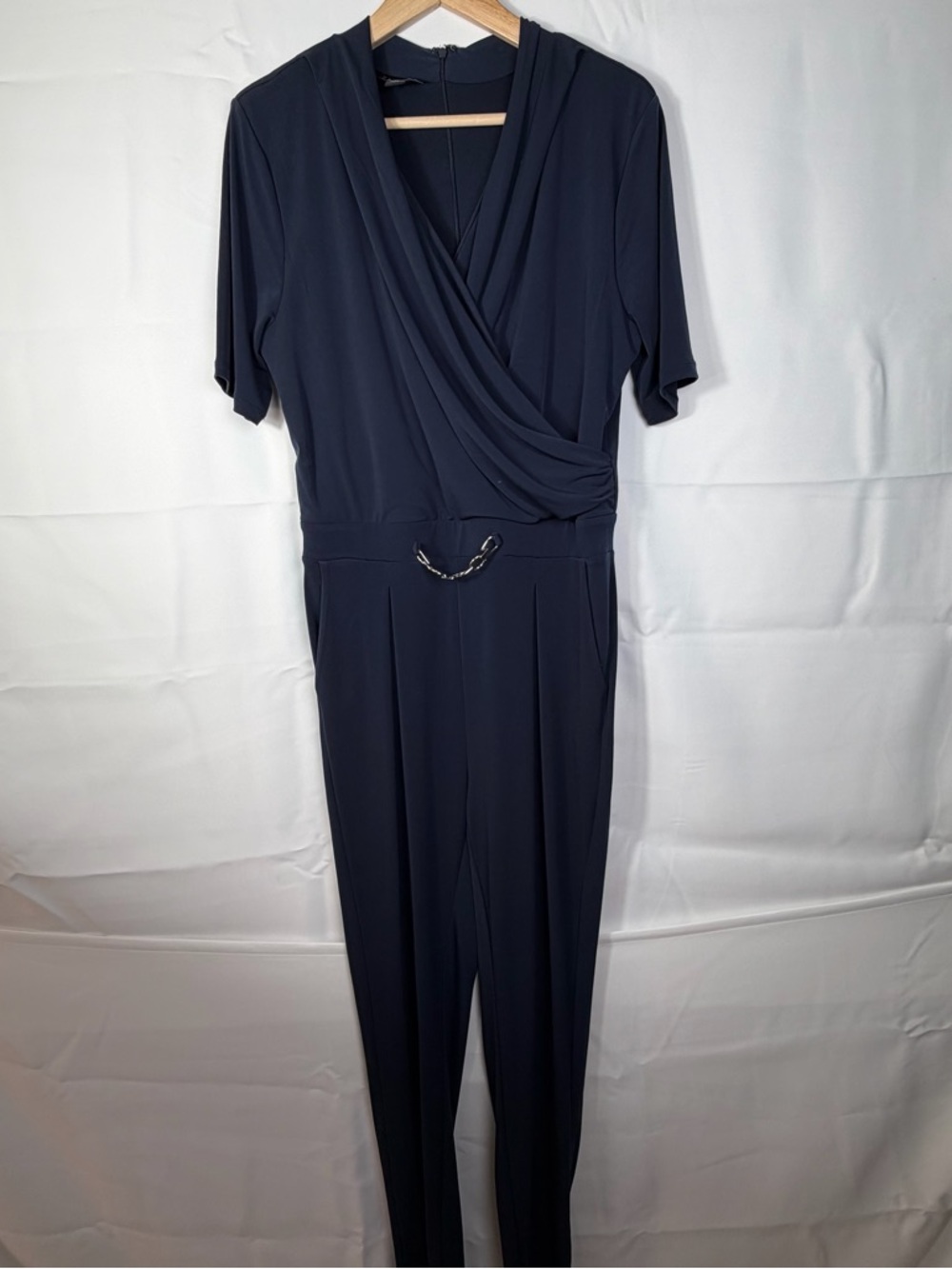 Metaphor Womens Jumpsuit Faux Wrap Lace Short Sleeve V Neck Pockets Navy Large